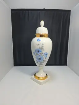 Vintage Limoges France Porcelain Lamp Base Lidded Urn Blue Floral Gold Trim (AB)