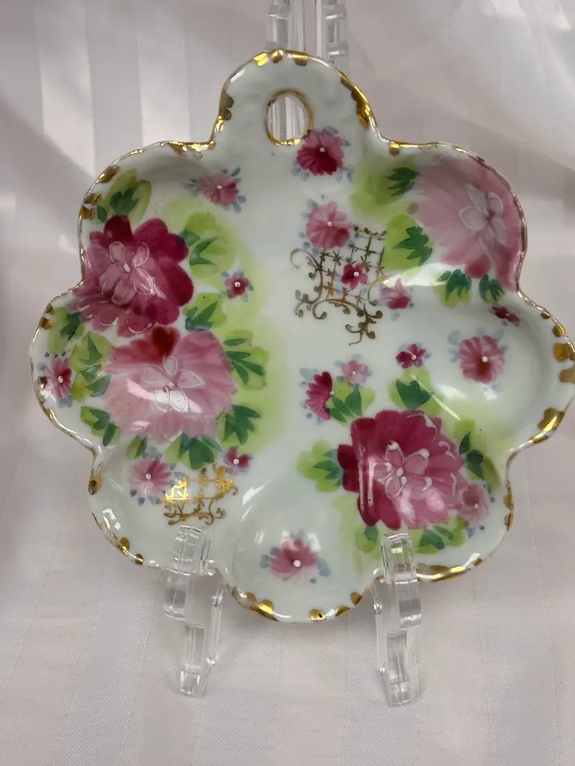 Antique Dish Hand Painted Trinket Pink Roses 22kt Gold Candy Porcelain 6”