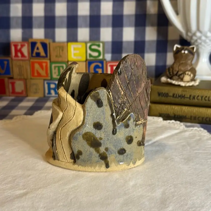 Signed Studio Pottery Abstract Slab Vase - Base is 4.25” long and 2.5” wide and 4.5” tall at tallest point