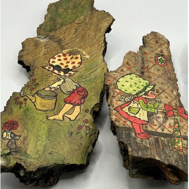 Vintage Folk Art Painted On Tree Bark For Wall Hanging