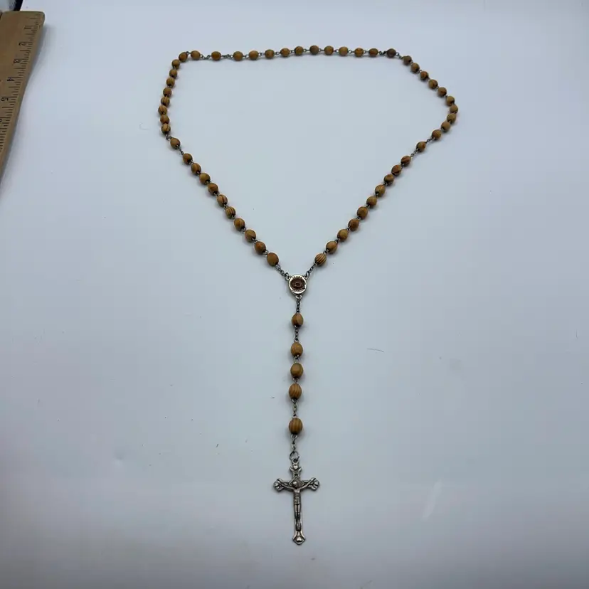 Vintage Jerusalem Cross Rosary Olive Wood Necklace Handcrafted
