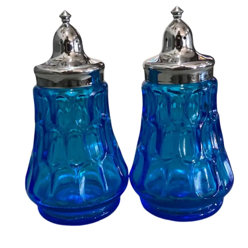 Vintage Fenton Colonial Blue Thumbprint Salt And Pepper Shakers