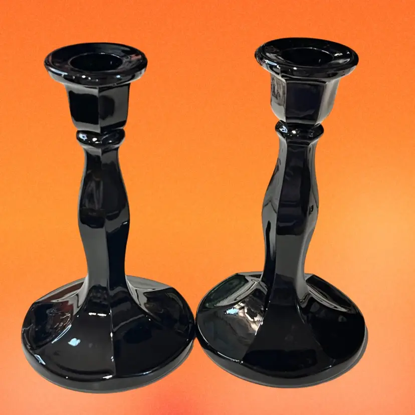 Pair Of Vintage Black Glass Candlestick Holders 6.5” Tall