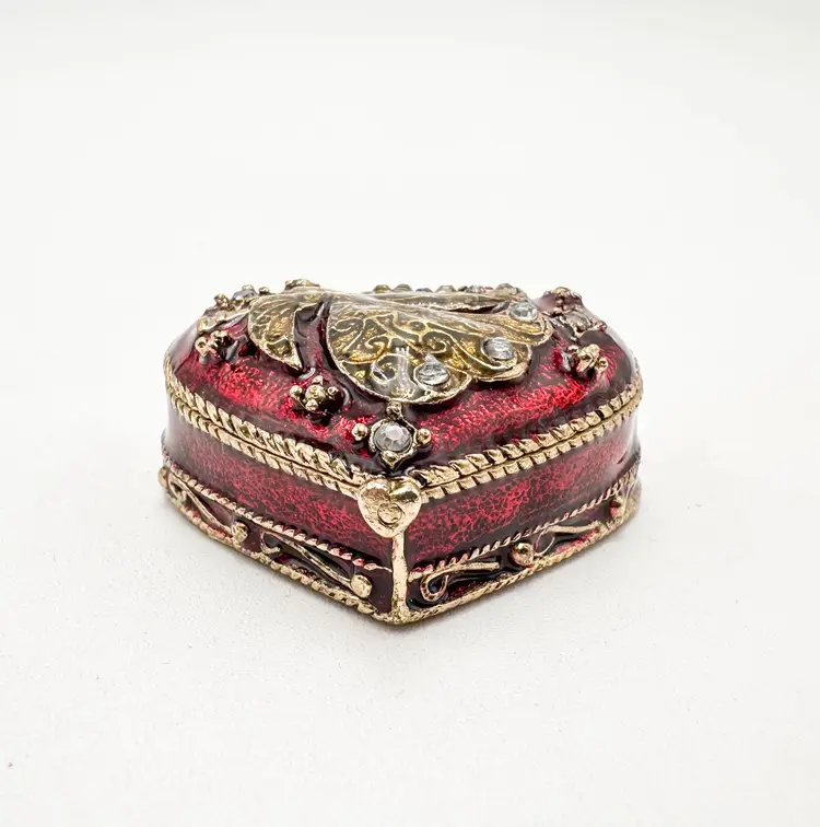 Monet Heart Angel Trinket Box Red Green Enamel Rhinestone Accent Magnetic Signed 1.75" LW .75"H