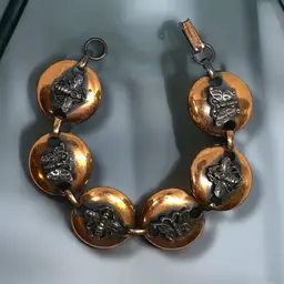 016. Mid-Century Vintage Solid Copper Link Bracelet With Butterflies & Bees Raised Bugs Insects.  7 Inches