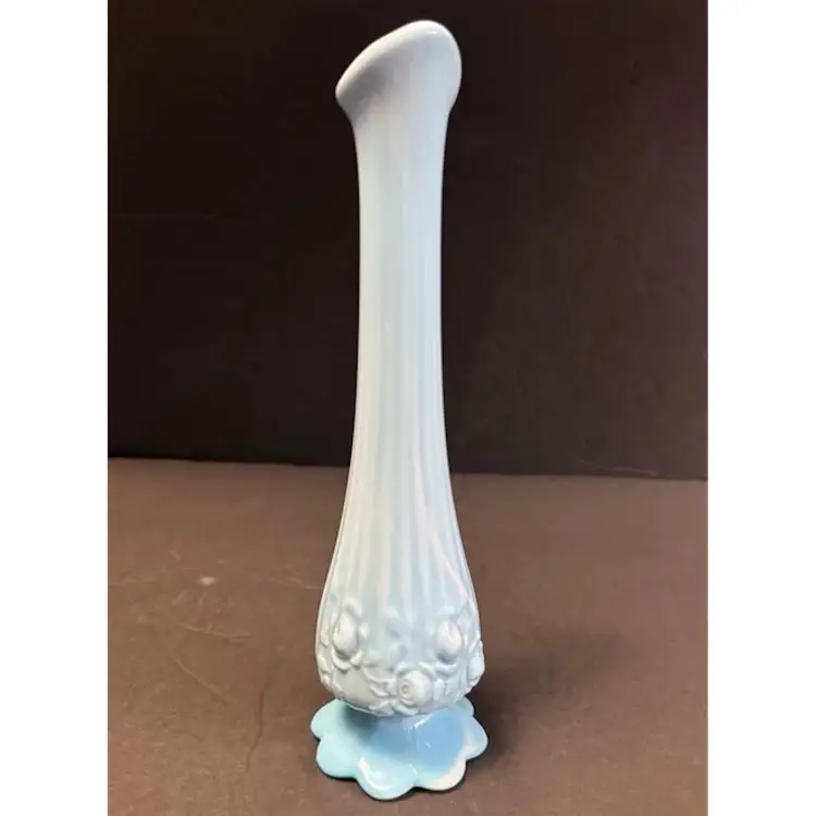 Vtg Fenton Slag Glass Cabbage Rose Blue Swung Glass Vase 9”