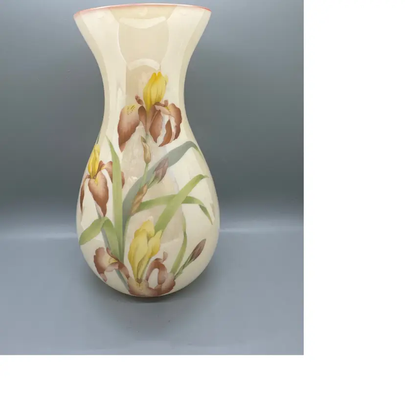 Vintage CAMBRIDGE GLASS Hand Blown Painted Iris Beige Vase 8 3/4” High