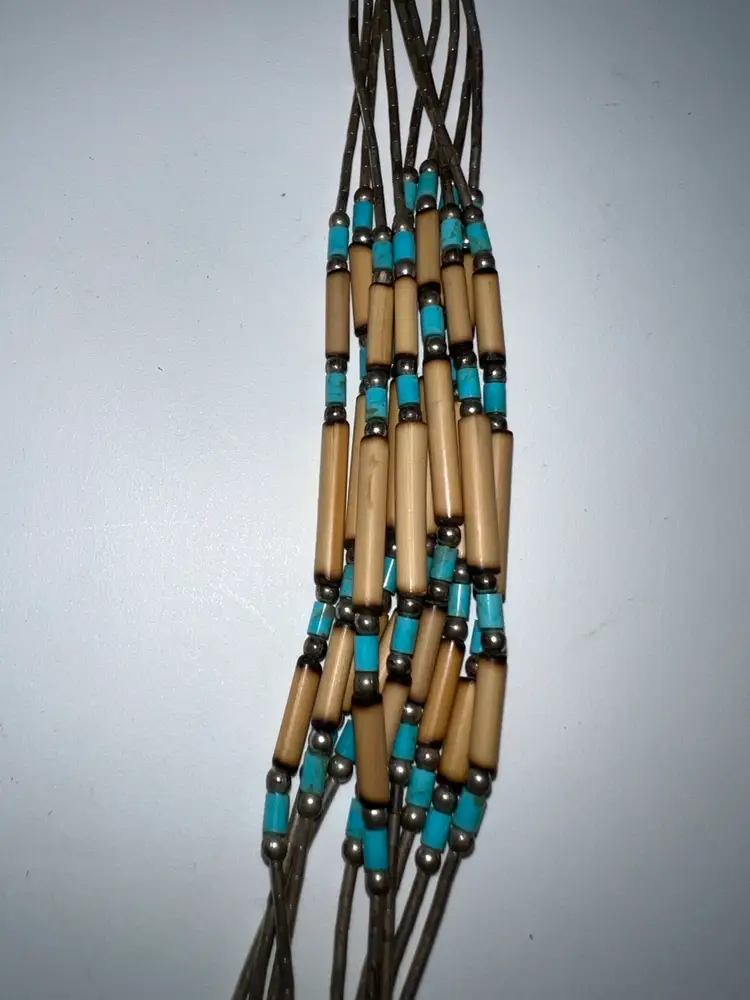 Native American Signed Turquoise Liquid Heishi Sterling Silver 10 Strand Necklace