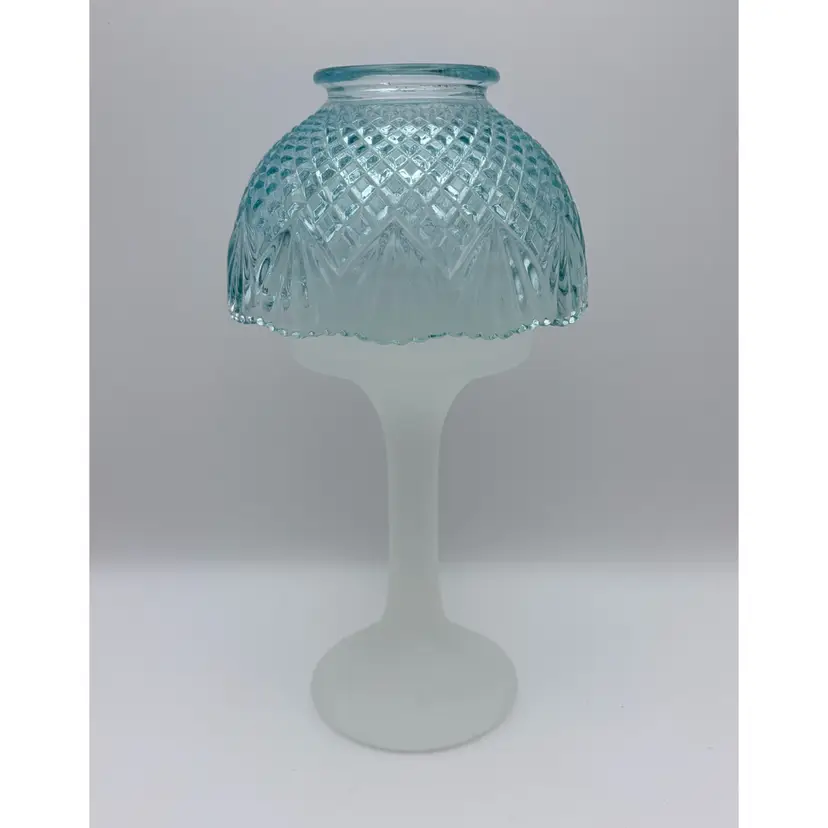 2 pc, Glass Fairy Light, *LE Smith Light Blue Pineapple Diamond Shade, Partylite White Frosted Stem, 9.5” Tall Assembled