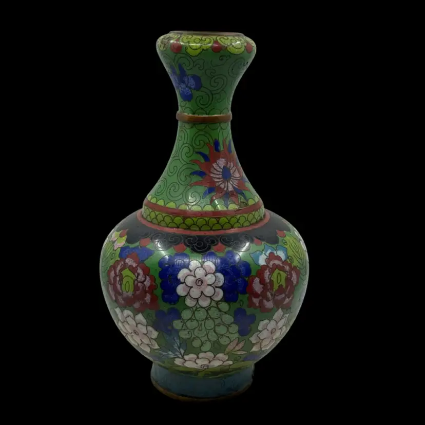 Chinese cloisonné enamel vase with floral motifs and a garlic head shape. Call Out Pictured