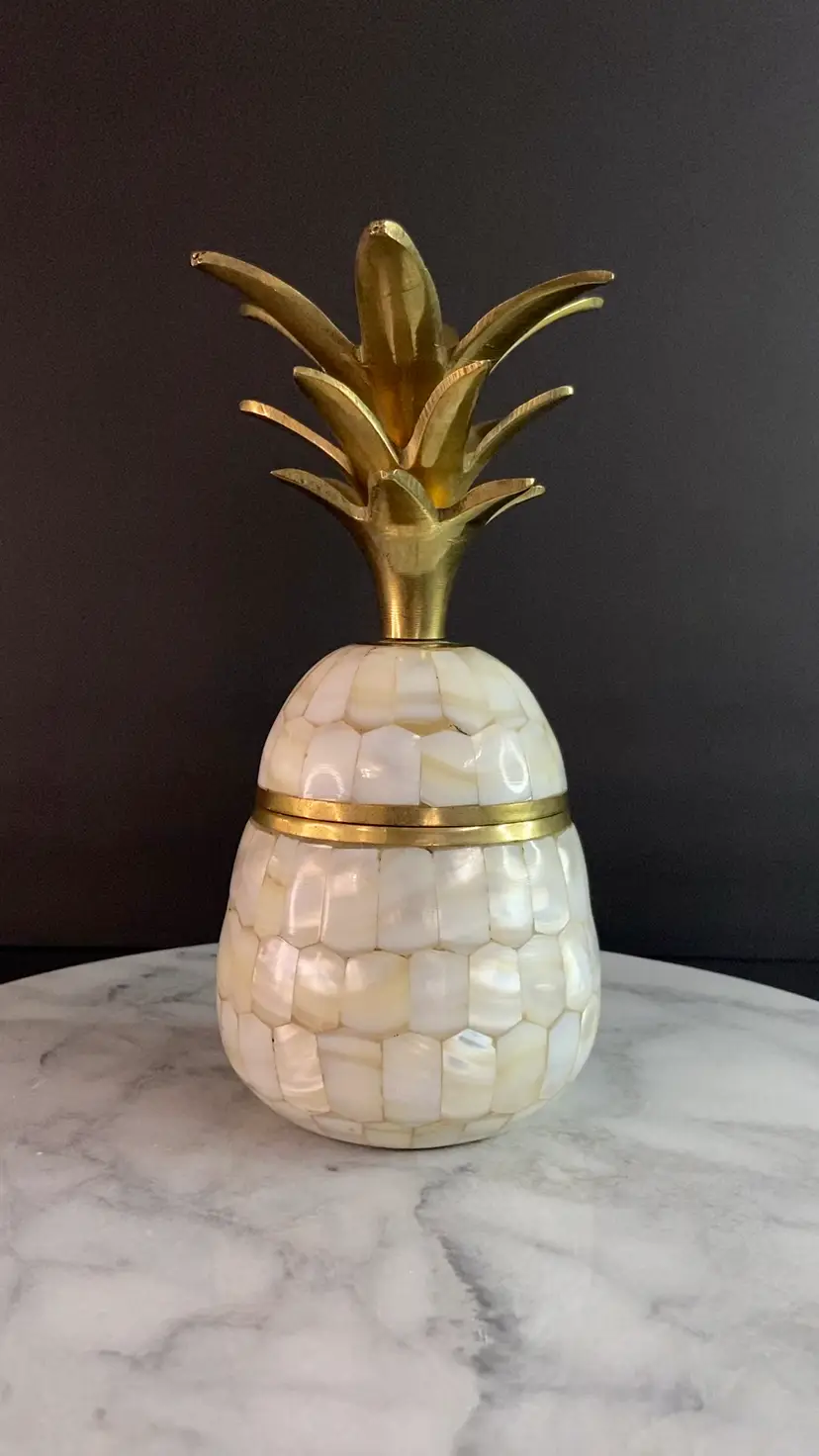 Vintage Brass Mother Of Pearl Pineapple Trinket Box