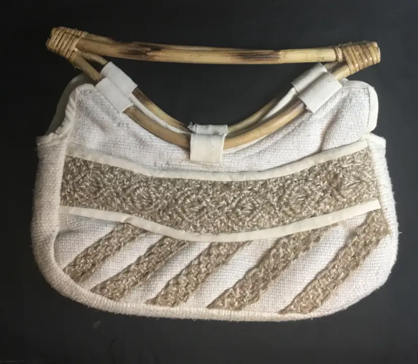 Vintage purse, handbag, cotton, bamboo handles, jute embellishments Philippines