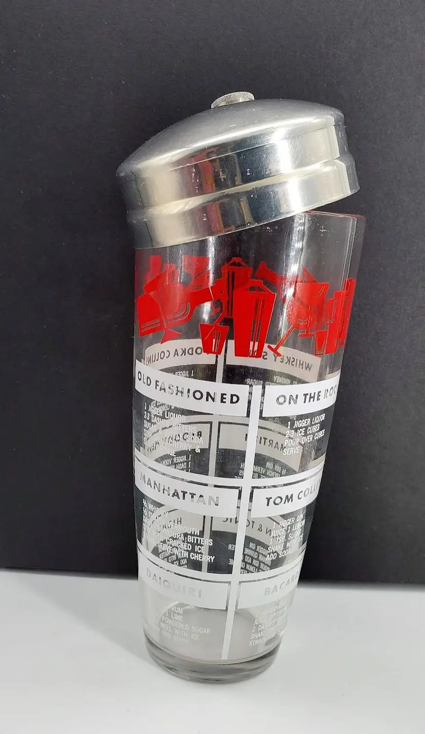 Glass Cocktail Shaker with Chrome Lid Vintage MCM Hazel Atlas Red & White
