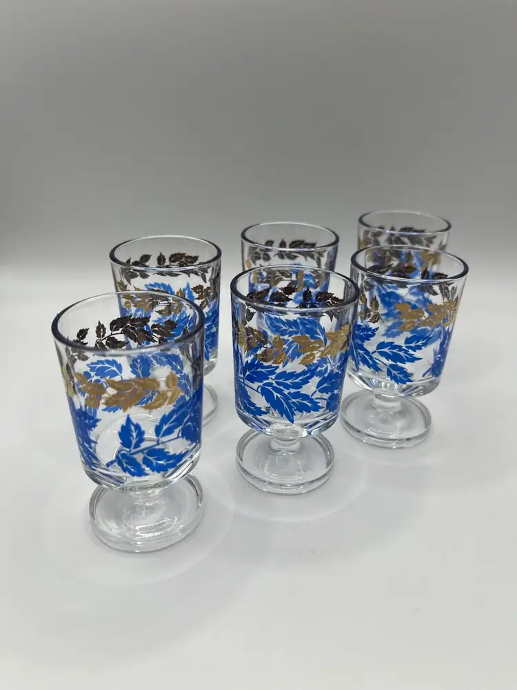 Vintage MADE IN FRANCE MCM Gold & Blue Leaf  6 Footed Shot Glasses Mid Century