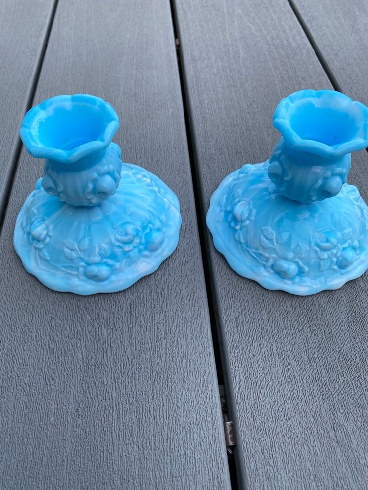 PAIR OF FENTON ROSE CABBAGE AQUA SLAG GLASS CANDLESTICKS