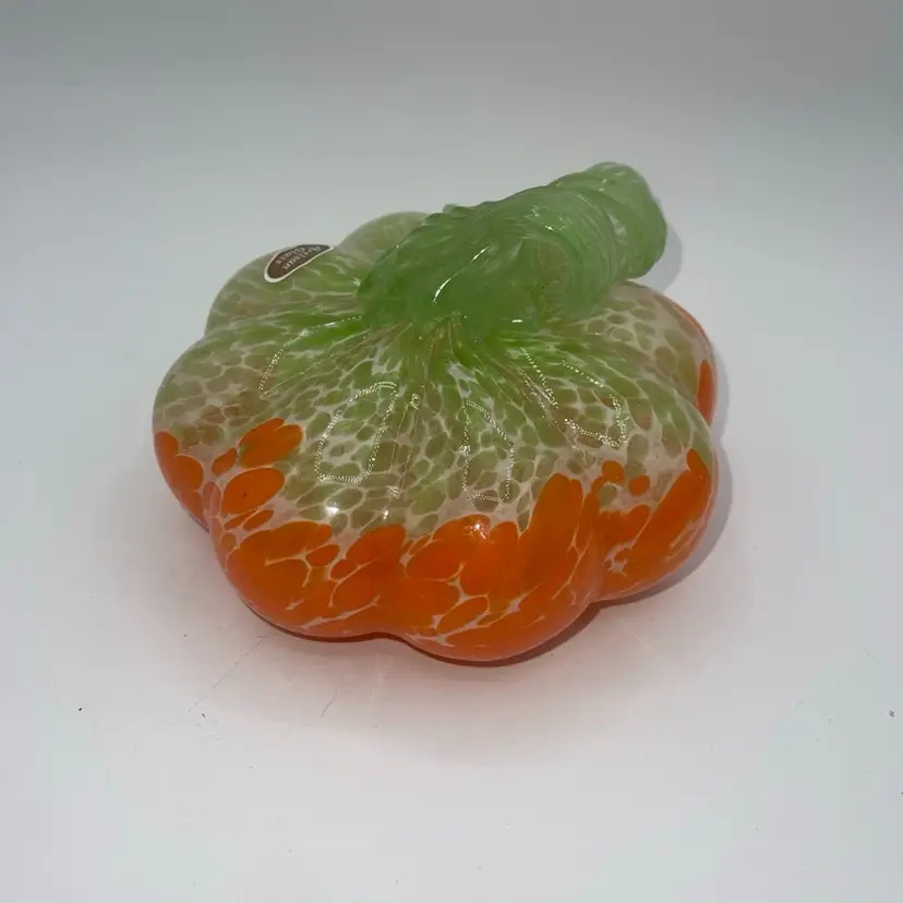 Art Glass Pumpkin Green Ans ORANGE SWIRL Halloween Fall Autumn 5”