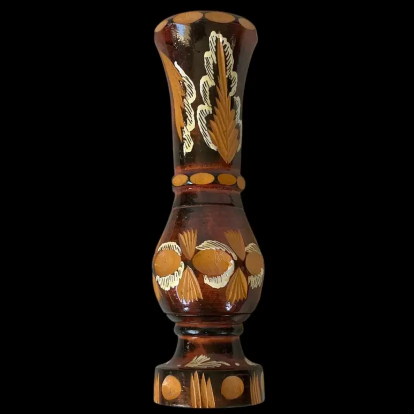Hand Carved Wood Wooden hand painted floral tiki styleVase 9”