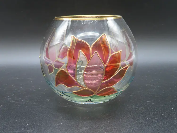 Vintage Stained Glass Floral Vase Rose Bowl with Gold Accents