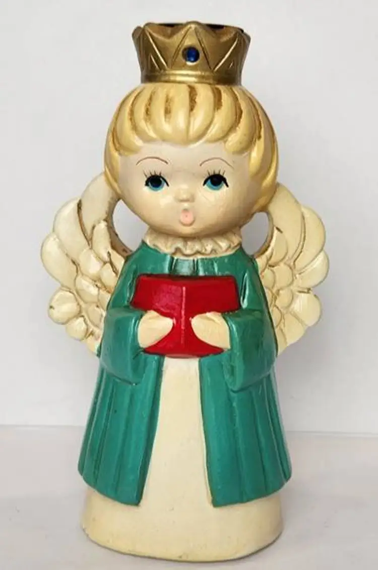Homco Chalkware Choir Angel Candle Holder 1950s Japan 7” Gold Crown Teal Robe