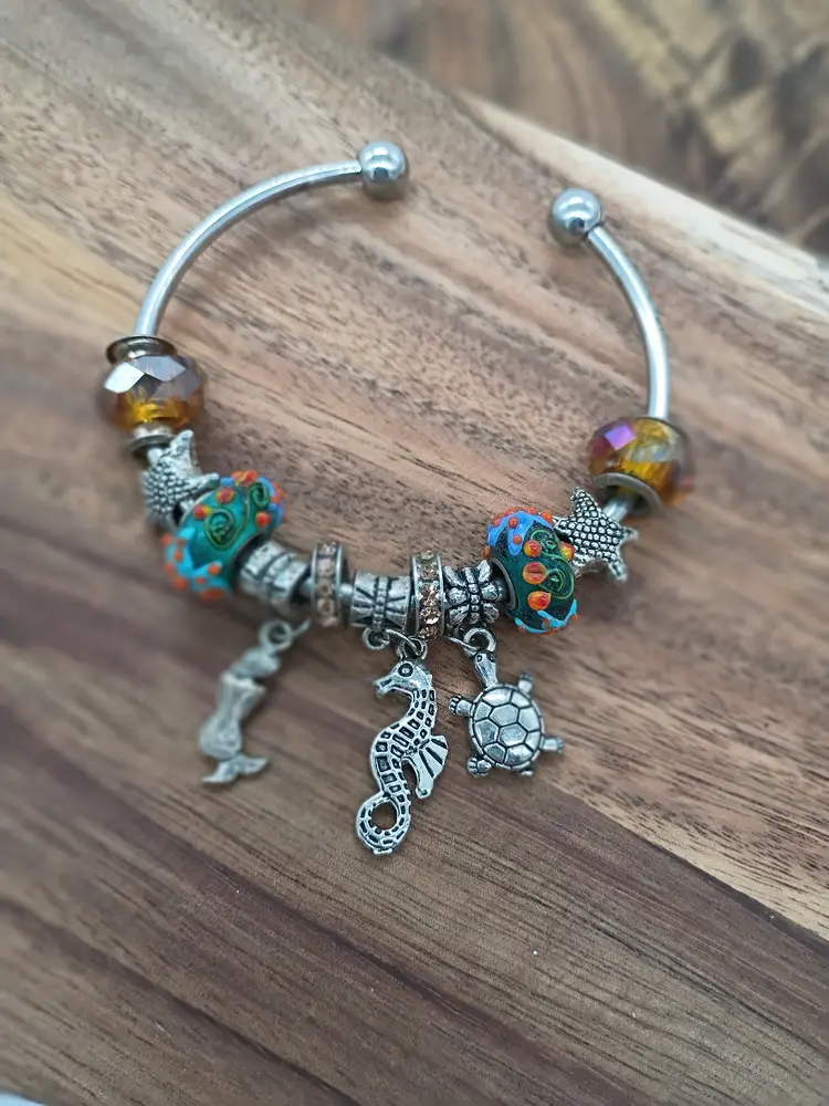European Cuff Style Charm Bracelet with 11 Charms Silver Tone Mermaids Ocean