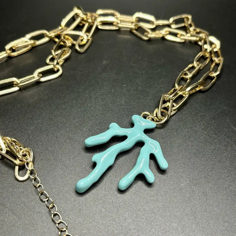 Fashion Costume Jewelry Gold Tone Link Necklace Turquoise Blue Coral Reef 18"