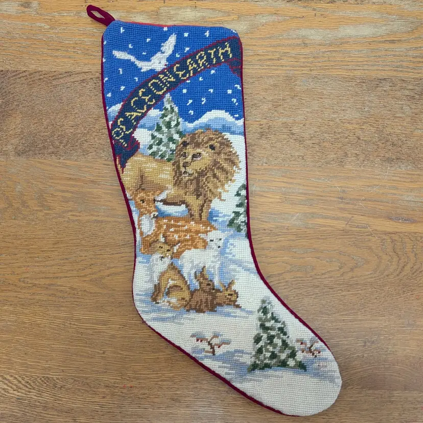 Vintage Wool Needlepoint Christmas Stocking Peace on Earth Lion Lined 19.5 x 11”