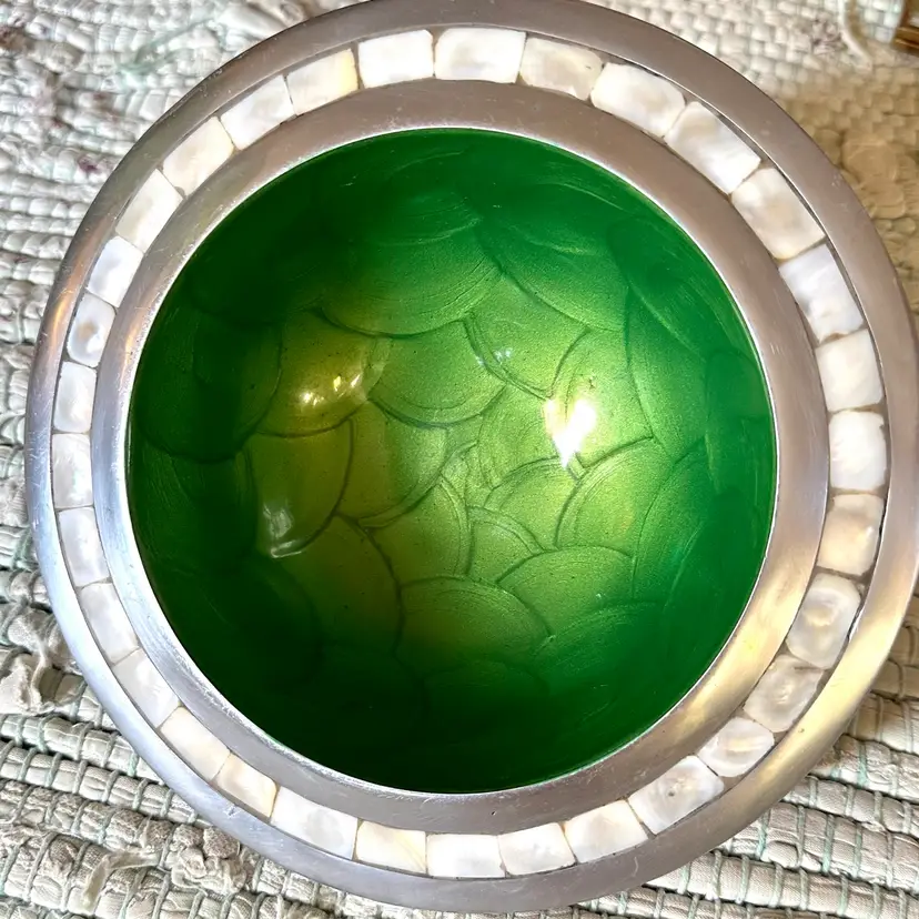Julia Knight Cast Aluminum Bowl With Green Enamel Interior & Mother of Pearl Inlay in Rim, Pedestal Nut Candy Dish 8” Look
