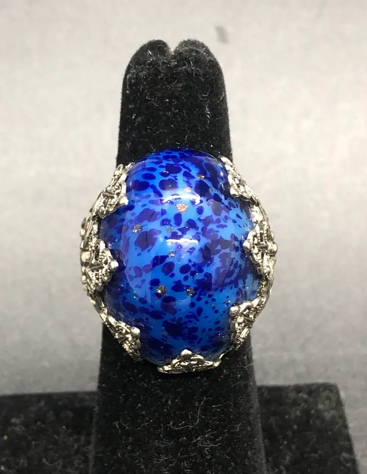 Vintage German Adjustable Large Blue Lapis Lazuli Filagree Stainless Steel Ring