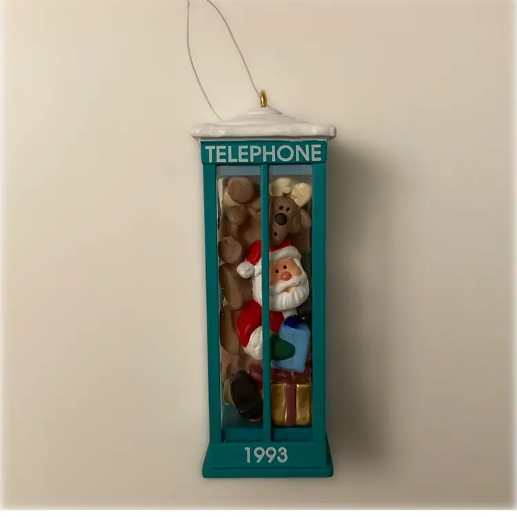 1993 Hallmark “Room For One More”. Santa Stuck In Phone Booth with Reindeer Ornament