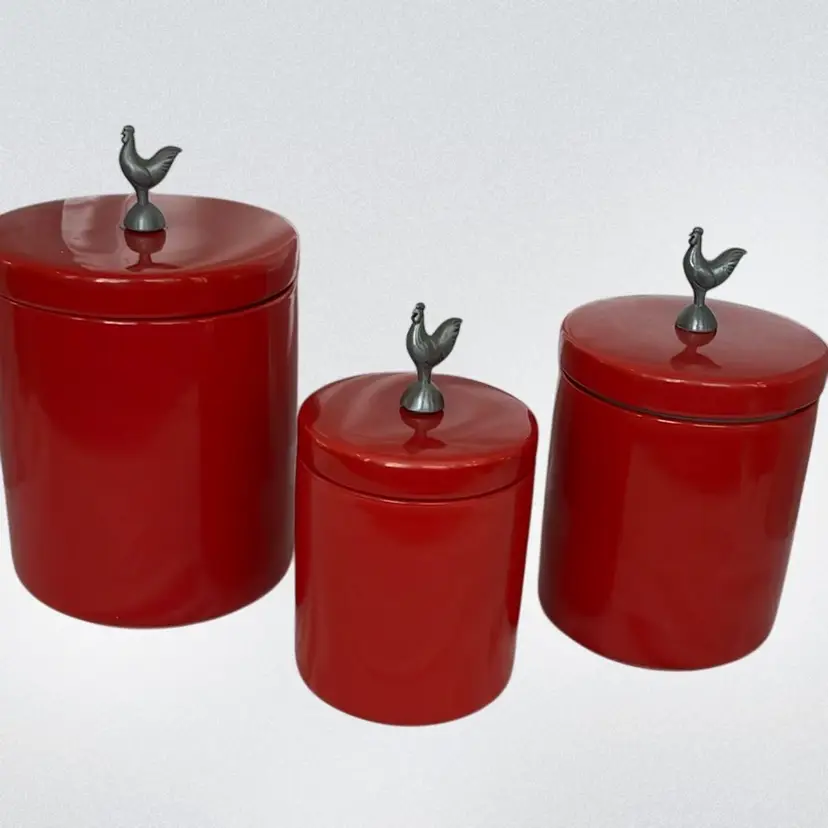 Boston Warehouse Trading Corp. Red Canister Set With Metal Chicken On Lid.