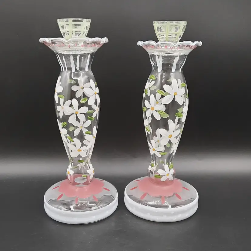 Handpainted Daisy Candlestick Holders Set of 2 Tracy Porter
