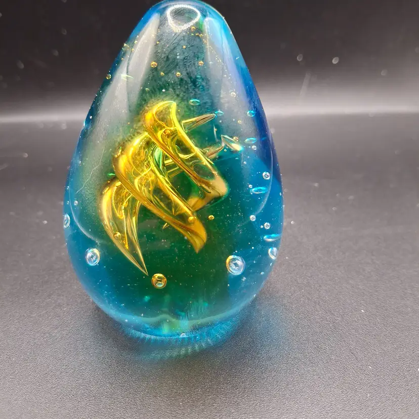 Handcrafted Glass Teardrop Paperweight With Swirling Gold & Blue Design