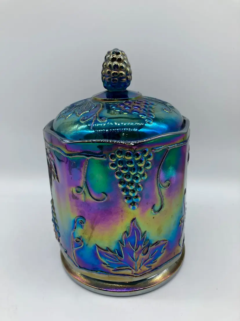 Vintage Indiana Iridescent Blue Carnival Glass Harvest Grape 7" Canister Jar
