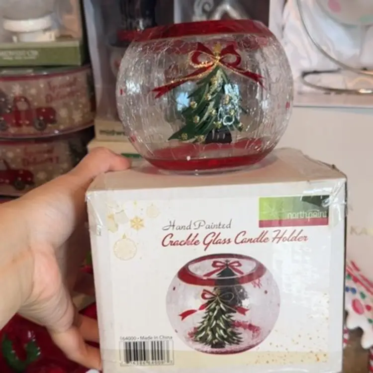 Hand Painted Crackle Glass Candle Holder 4” New