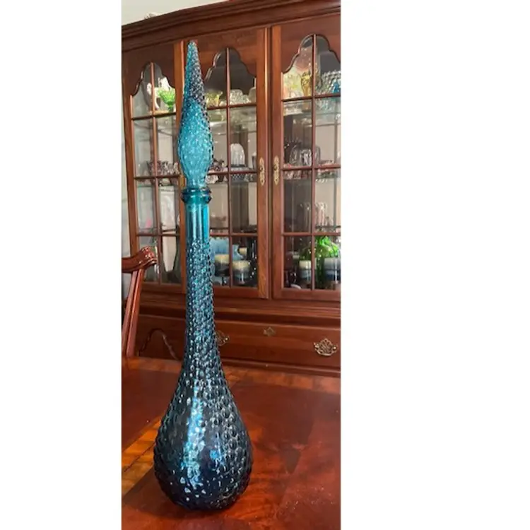 VINTAGE MCM 22.5” BLUE EMPOLI HOBNAIL BUBBLE GENIE BOTTLE DECANTER W/STOPPER