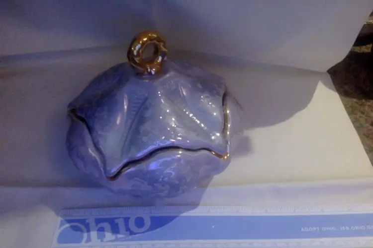 Vintage 5 sided Candy Dish with Lid, in style of Holley Ross China, weeping purple glaze $25