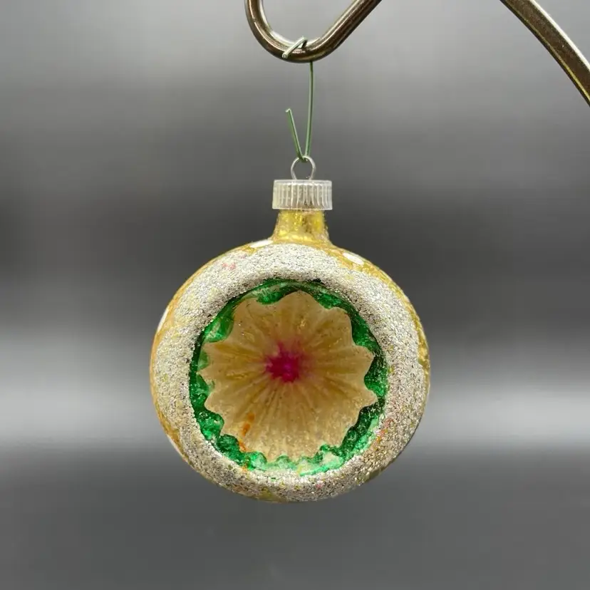 Blown Glass Indent Christmas Ornament Ball Gold with Silver Mica VTG Austria