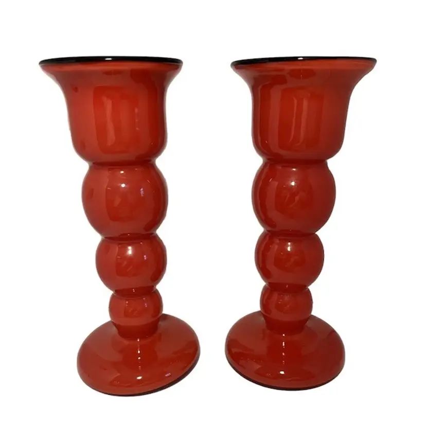 Beautiful Vintage Pair Of Art Deco Red And Black Czech Tango Glass Vases
