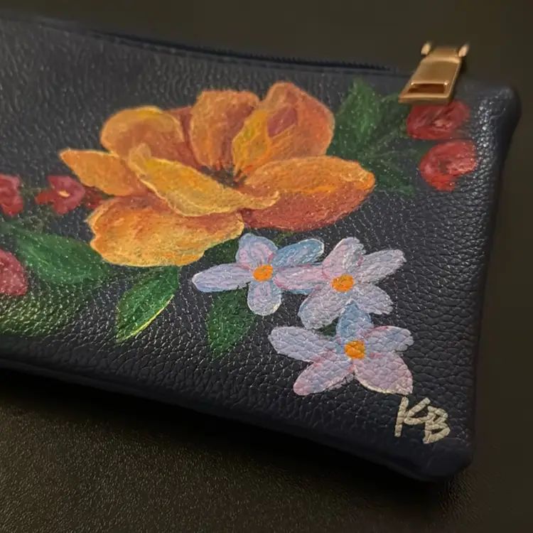 Hand-Painted Flowers and Hand-Signed Katie Blue Wristlet Purse - 8” long and 4” wide - New with Business Card