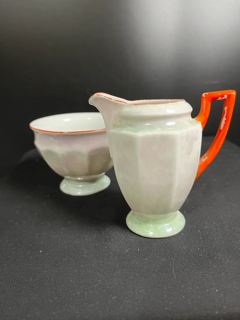 Antique & Original: P.A.L.T. "Czecho Slovakia" Creamer and Sugar Bowl. Iridescent Lusterware. Cold Painted Handle on Pitcher-Embossed on Bottom is 203, Orange Rim on Bowl, at Base of Each a Ever So Slight Hint of Light Green-Lot 54