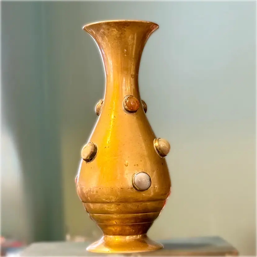 Vintage Indian Brass Decorative Handmade Gemstone Pattern Vase