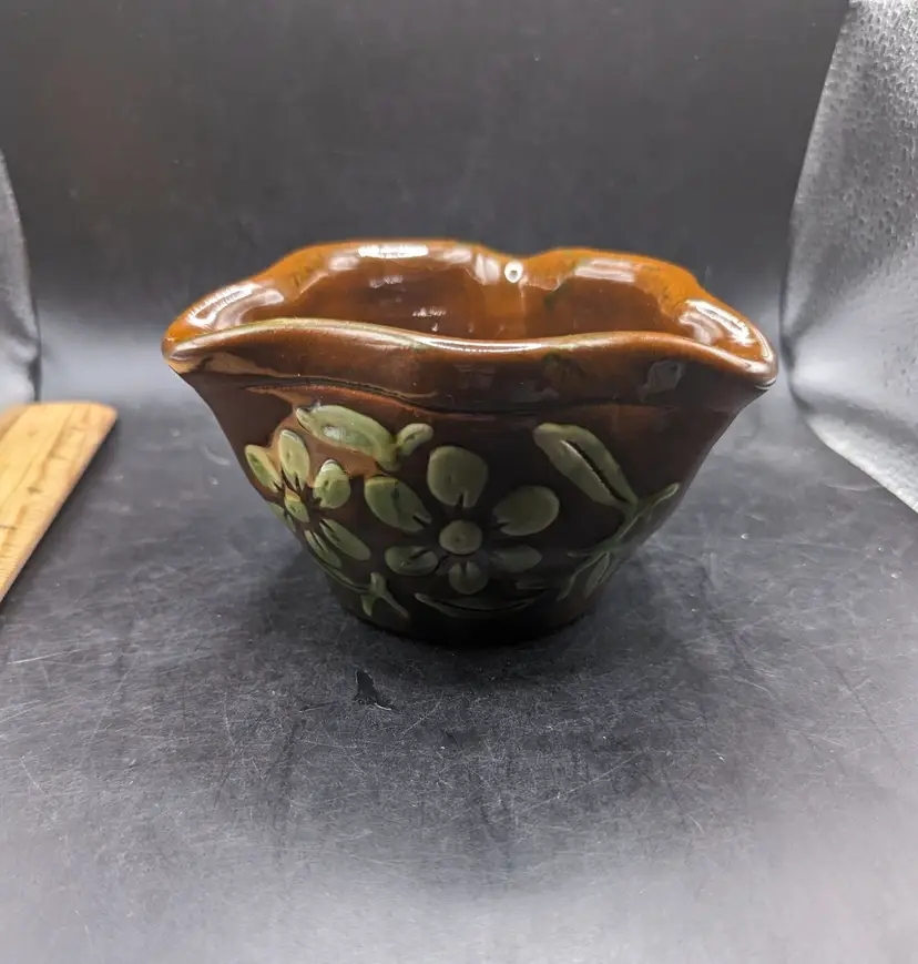 Studio Art Pottery Small Bowl Signed Unidentified Brown With Green Floral Design.