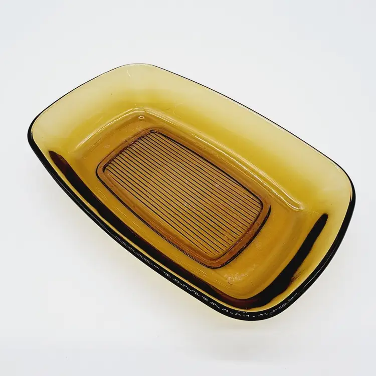 Vintage Arcopal France Amber Brown Oval Glass Dish 7"X4.5" Ridged Bottom