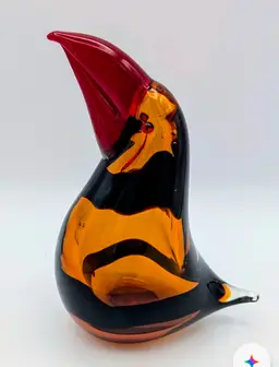 Amber &Black Hand Blown Art Glass Puffin with Red Beak