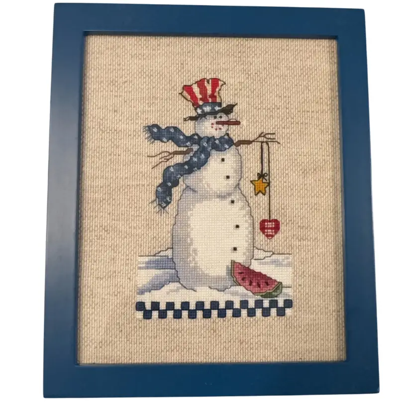 Crosstitched Snowman With Ornaments In red, White And Blue And Watermelon 9.5” X 7.5” In Blue Frame