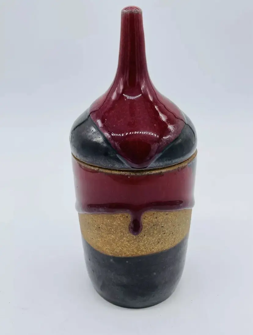 Gregory Ricciardiello Stoneware Pottery Drip Glaze MCM Style Lidded Jar/Vessel