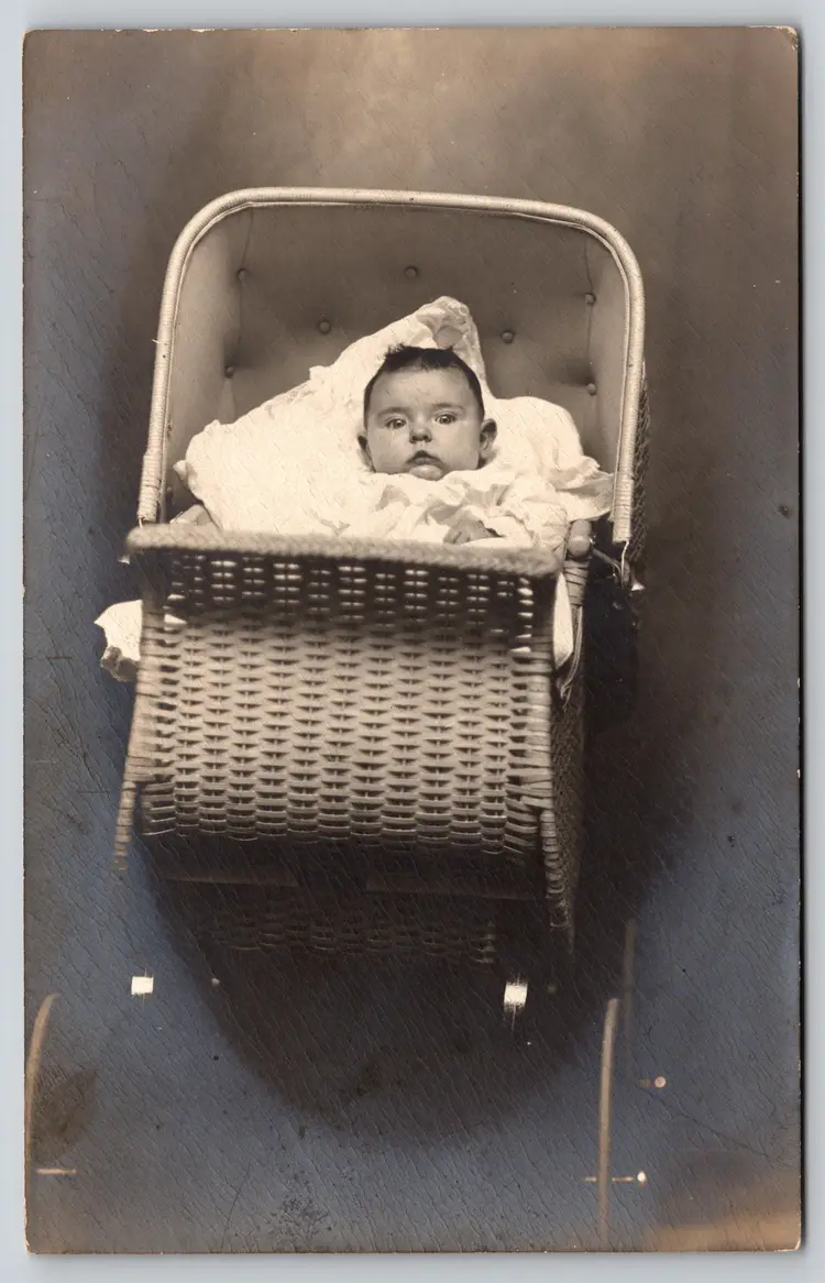 Postcard RPPC Baby in  Wicker Pram Real Photo Children Baby Carriage
 - 9237