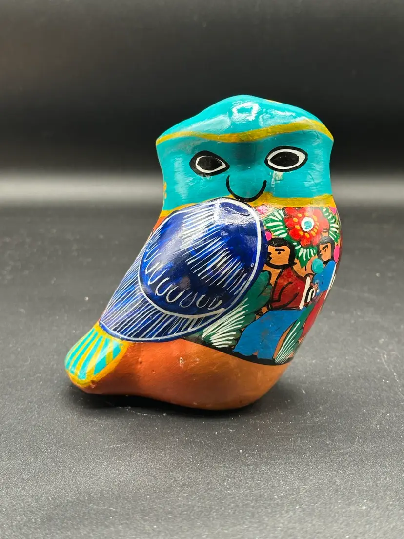 Owl Mexican Hand Painted Terra-Cotta/Clay/pottery  Beautiful Green Teal