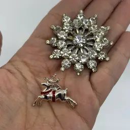 Vintage Rhinestone Star Brooch 1.75” & Reindeer Pin 1.25”
