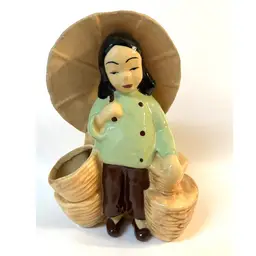 California Pottery Stewart B. McCulloch Hand Painted Asian Girl Green Blouse with Umbrella Ceramic Planter Figurine 7 in Height